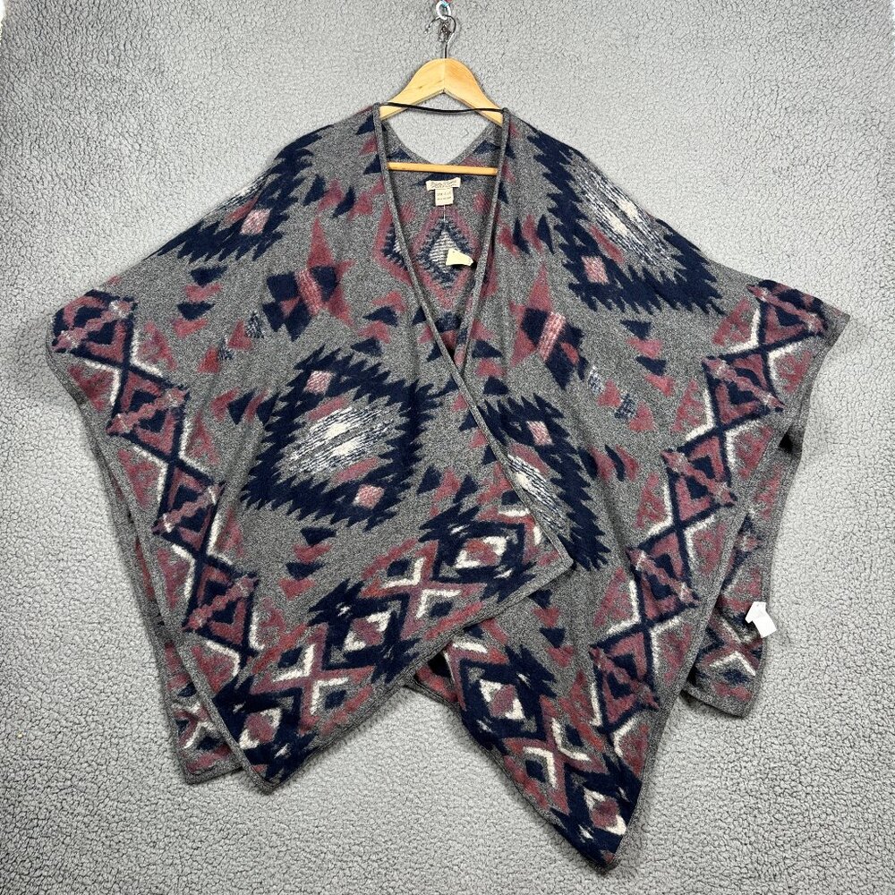Lucky Brand Poncho Cape OS Gray Dusty Pink Aztec Print Wool Cotton Blend NWT